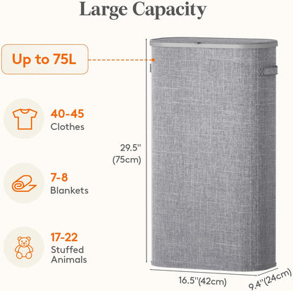 Lifewit Slim Laundry Basket with Lid, Narrow Laundry Hamper with Plastic Handles and Removable Bag, Tall Foldable Dirty Clothes Hampers for Laundry Room, Bedroom, Bathroom, Dorm, 65L Beige