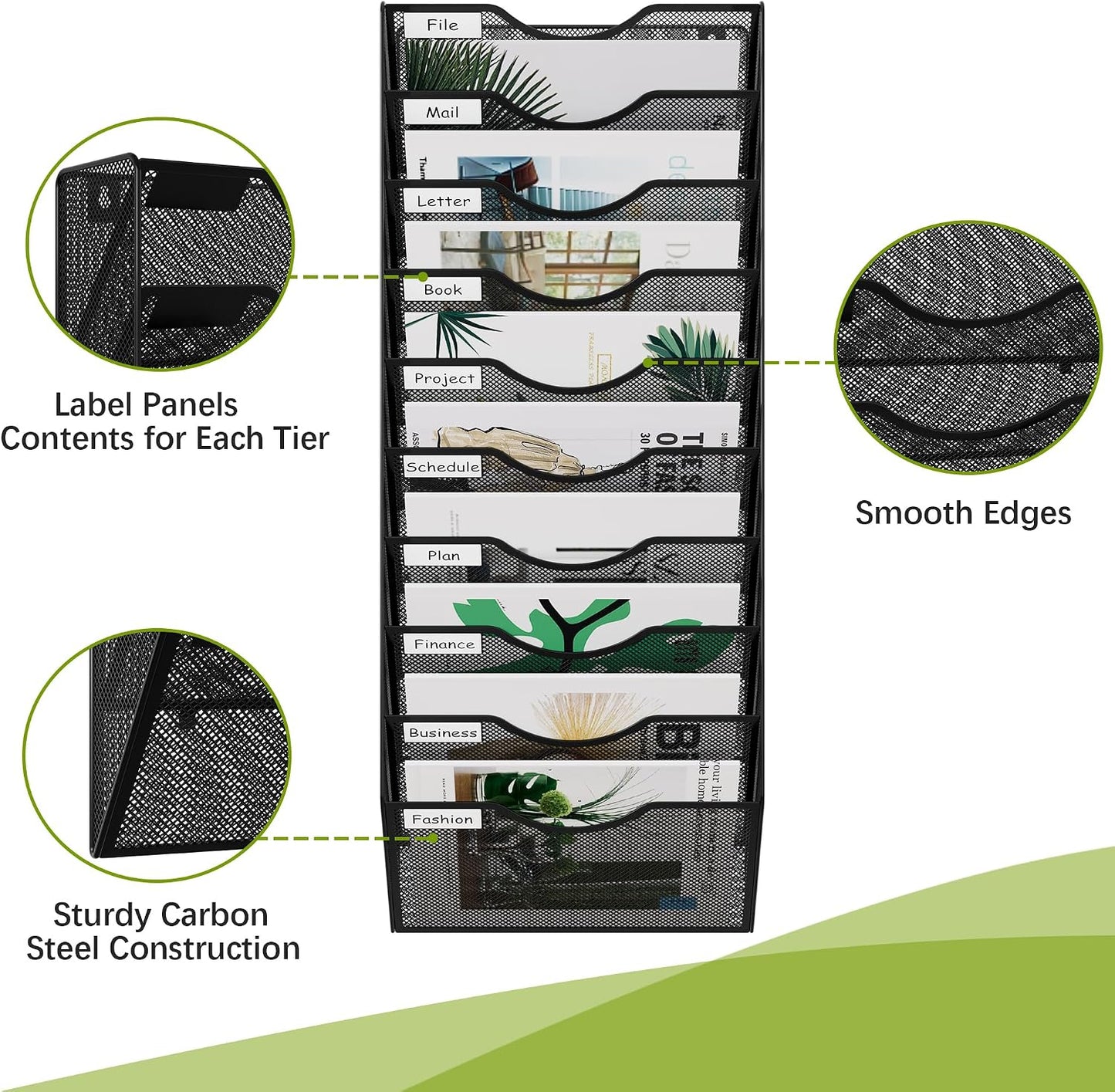 EasyPAG 5 Pocket Mesh Wall File Organizer with Key Hooks, Hanging Paper Folder Holder with Classify Label, Vertical Wall Mount Mail Organizer for Office Home Classroom, Black