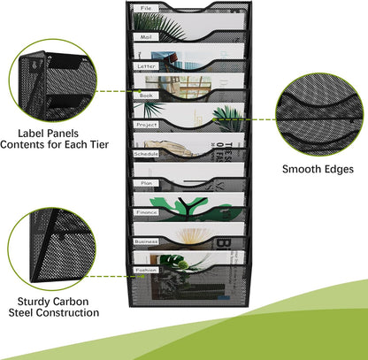 EasyPAG 5 Pocket Mesh Wall File Organizer with Key Hooks, Hanging Paper Folder Holder with Classify Label, Vertical Wall Mount Mail Organizer for Office Home Classroom, Black