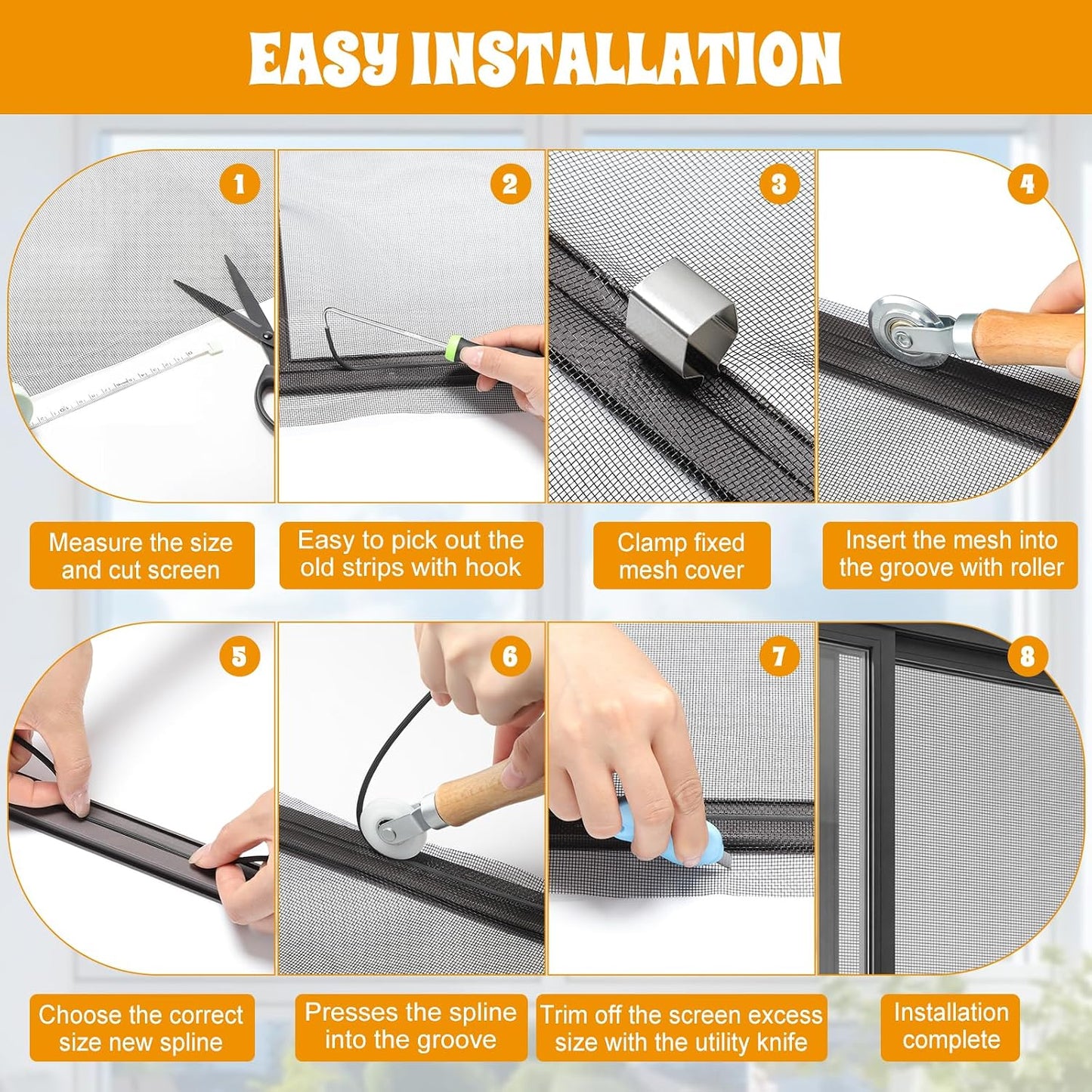 18 Pcs 48"x118" Window Screen Repair Kit Included 2 Rolls Fiberglass Mesh 4"x30ft Screen Repair Tape 8 Clips with Spline, Double Wheel Roller, Hook, Measuring Tape, and Cutter for Door Window