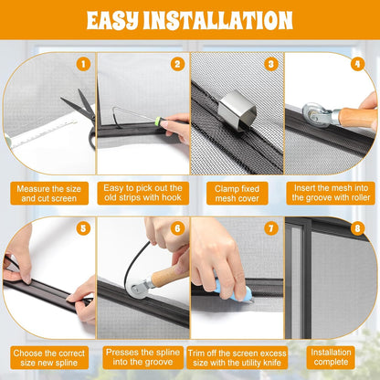 18 Pcs 48"x118" Window Screen Repair Kit Included 2 Rolls Fiberglass Mesh 4"x30ft Screen Repair Tape 8 Clips with Spline, Double Wheel Roller, Hook, Measuring Tape, and Cutter for Door Window
