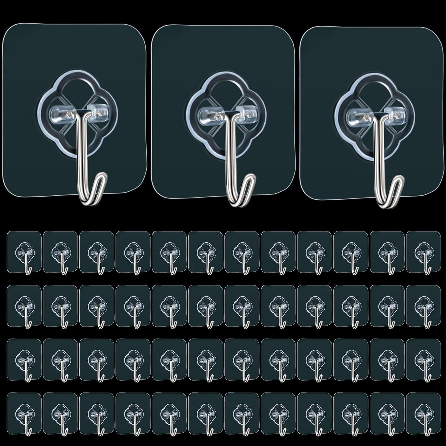 Adhesive Wall Hooks for Hanging, 50 Pack Heavy Duty Stainless Self Sticky Hooks, Waterproof and Rustproof Clear Self Adhesive Utility Hooks for Bathroom Kitchen Office Outdoor Inside Wardrobe Towel