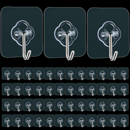 Adhesive Wall Hooks for Hanging, 50 Pack Heavy Duty Stainless Self Sticky Hooks, Waterproof and Rustproof Clear Self Adhesive Utility Hooks for Bathroom Kitchen Office Outdoor Inside Wardrobe Towel