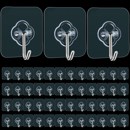 Adhesive Wall Hooks for Hanging, 50 Pack Heavy Duty Stainless Self Sticky Hooks, Waterproof and Rustproof Clear Self Adhesive Utility Hooks for Bathroom Kitchen Office Outdoor Inside Wardrobe Towel