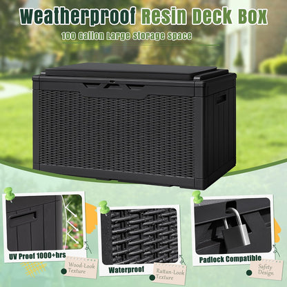 Greesum 100 Gallon Resin Deck Box Large Outdoor Storage with Cushions for Patio Furniture, Garden Tools, Pool Supplies, Weatherproof and UV Resistant, Lockable, Black
