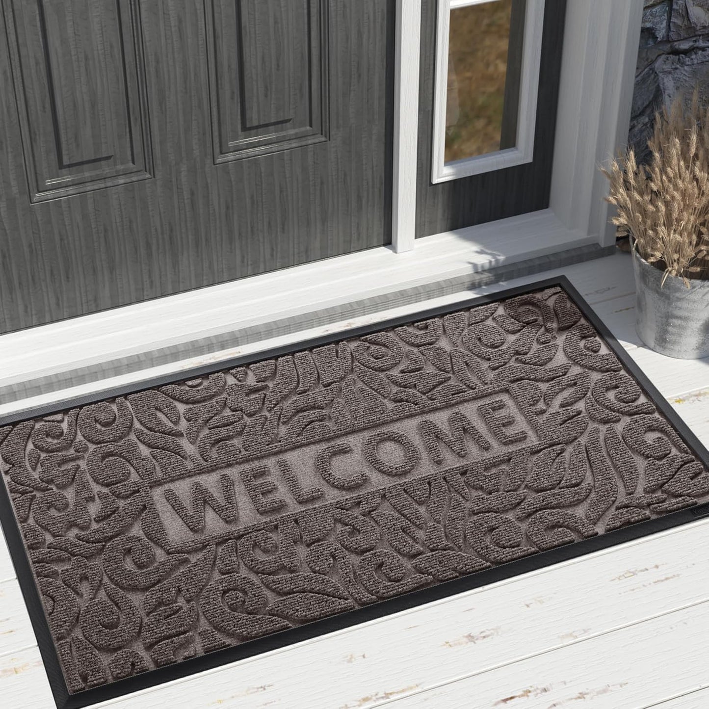 Yimobra Welcome Mat Outdoor 29.5x17, Waterproof Non-Slip Outdoor Mats for Front Door Outside Entrance, Low-Profile Entryway Mat Indoor for Garage Patio, Black