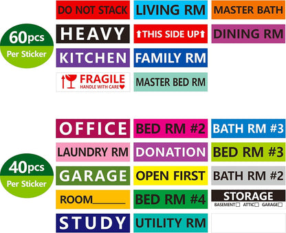 640 Pcs Removable Home Moving Labels 15 Pre-Printed Color-Coded Plus 1 Customizable Blank (Each Measures 4" x 1")