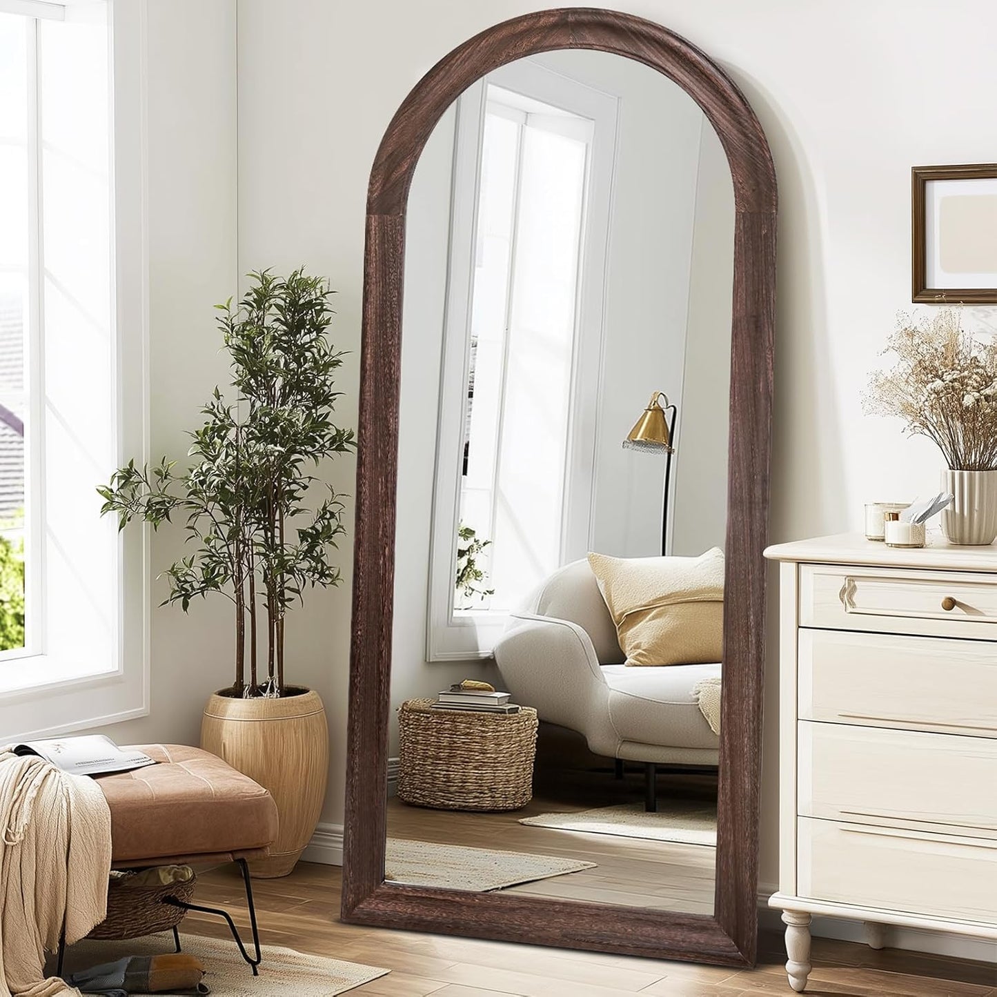 Solid Wood Full Length Mirror - 65"x22" Arched Floor Mirror, Free Standing & Wall Mounted - Elegant Design for Bedroom, Dressing Room, Hallway, Brown