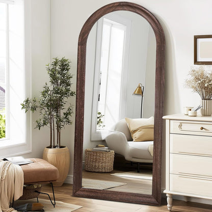 Solid Wood Full Length Mirror - 65"x22" Arched Floor Mirror, Free Standing & Wall Mounted - Elegant Design for Bedroom, Dressing Room, Hallway, Brown