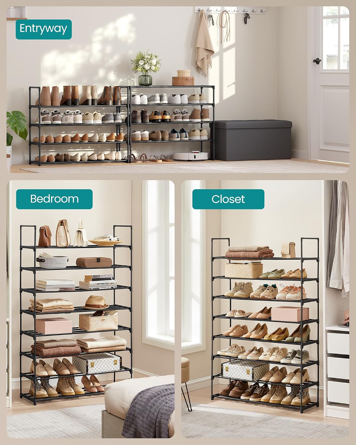 SONGMICS Shoe Rack, 6-Tier Shoe Organizer, Metal Storage Shelf, Upright or Upside Down, for 24-30 Pairs, Stackable, for Entryway, 11.8 x 36.2 x 42.7 Inches, Black ULSA306BH01