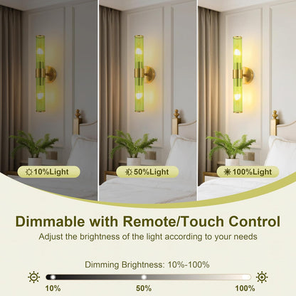 Morauroral Gold Battery Operated Wall Sconces Set of Two, Rechargeable Wall Sconce with Dimmable Remote Control, 20 Inch Wireless Sconce Wall Light for Bedroom, Living Room (Bulbs Included)