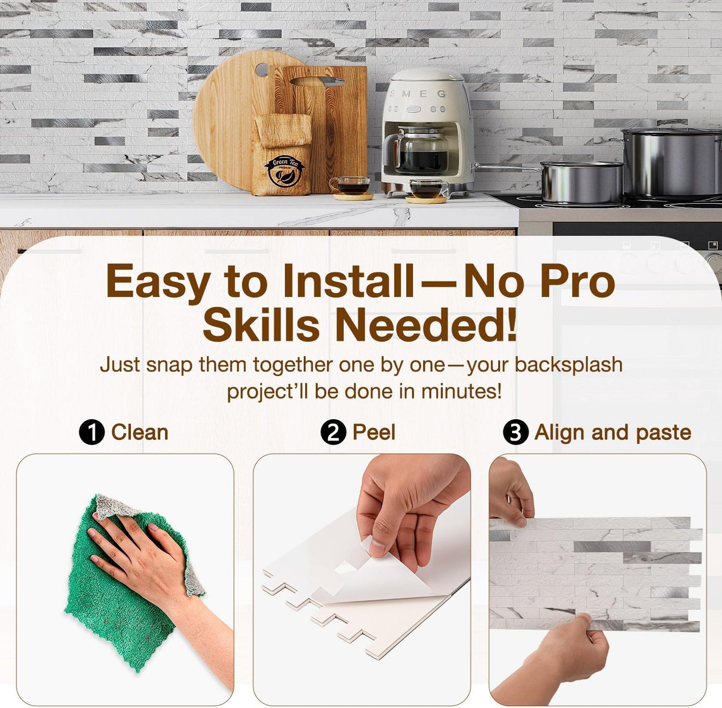 Peel and Stick Backsplash Tile Waterproof Removable PVC Wall Sticker 3D Faux Stone Marble Brick White Accent Panels (White Marble - Metal Silver, 20 Tiles - 9 sq. ft. (0.84 M²))