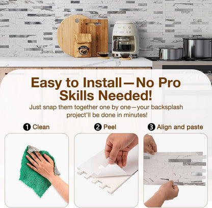 Peel and Stick Backsplash Tile Waterproof Removable PVC Wall Sticker 3D Faux Stone Marble Brick White Accent Panels (White Marble - Metal Silver, 20 Tiles - 9 sq. ft. (0.84 M²))