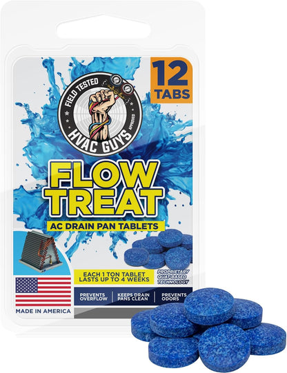HVAC Guys AC Drain Pan Tablets 12PK | Flow Treat Tablets Prevents Odors, Keeps HVAC Drain Pan Clean, Prevents Overflow | One Tablet Lasts up to 4 Weeks