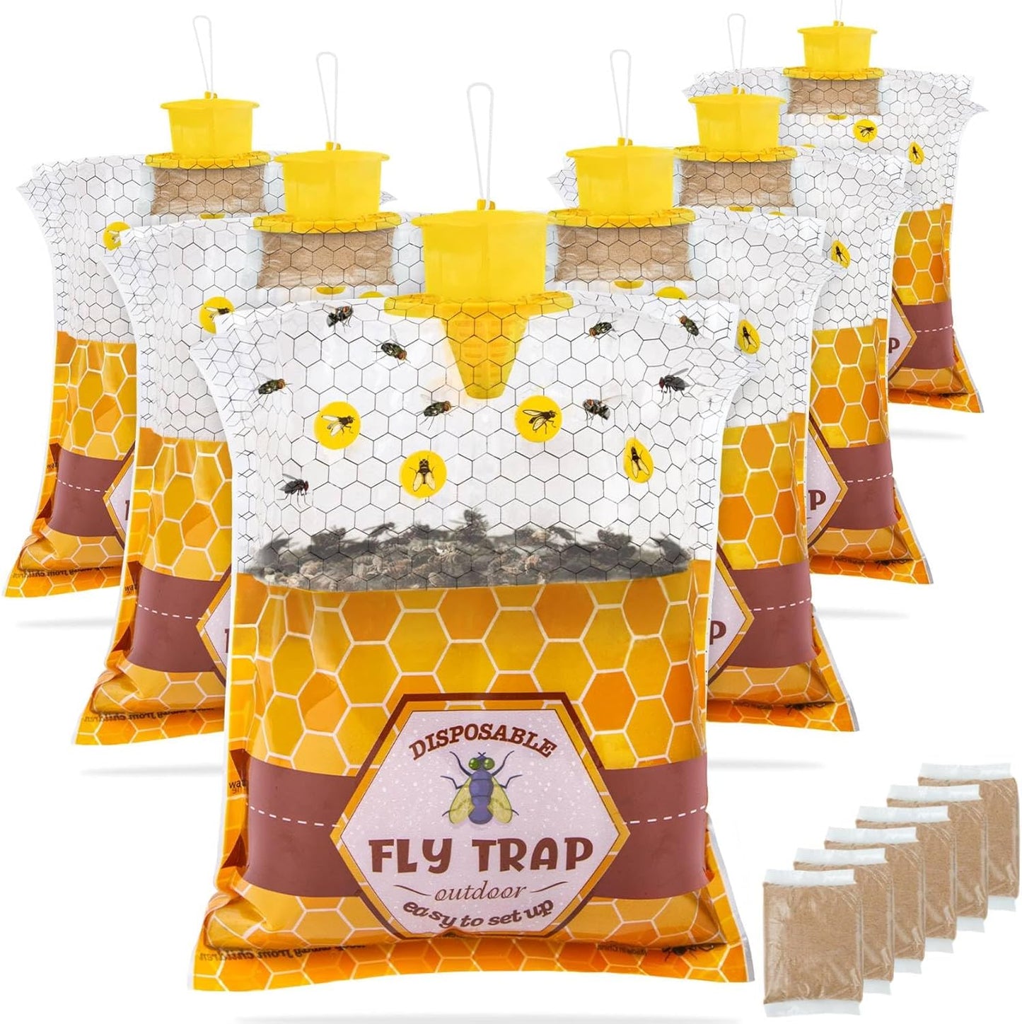 6 Pack Big Fly Traps Outdoor Hanging for Patio, Flies Bags Outdoor Disposable with 50g Bait, Bug Fly Hunter Catcher Killer Control for Barn Horse Ranch Chicken Coop