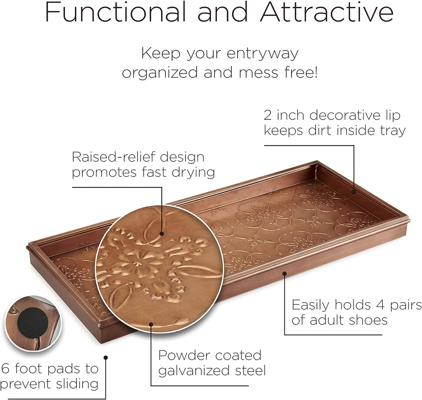 Good Directions Medium Boot Tray, Double Circles Multi-Purpose All Weather Decorative Tray, Shoes, Plants, Pet Bowls, 30x13x2 Inch, Dark Zinc Gray Steel