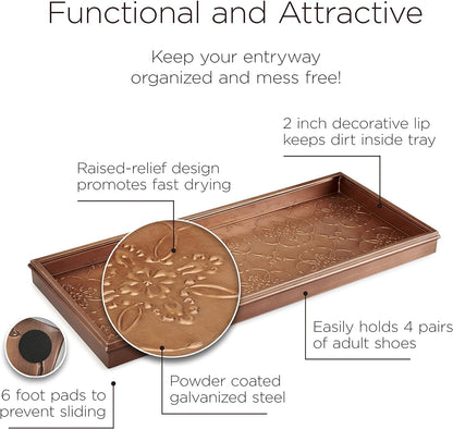 Good Directions Medium Boot Tray, Double Circles Multi-Purpose All Weather Decorative Tray, Shoes, Plants, Pet Bowls, 30x13x2 Inch, Dark Zinc Gray Steel