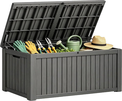 Fancyango 75 Gallon Outdoor Deck Box Waterproof, Large Storage Box for Patio, Resin Storage Bench Lockable for Garden Tools, Package Delivery, Black