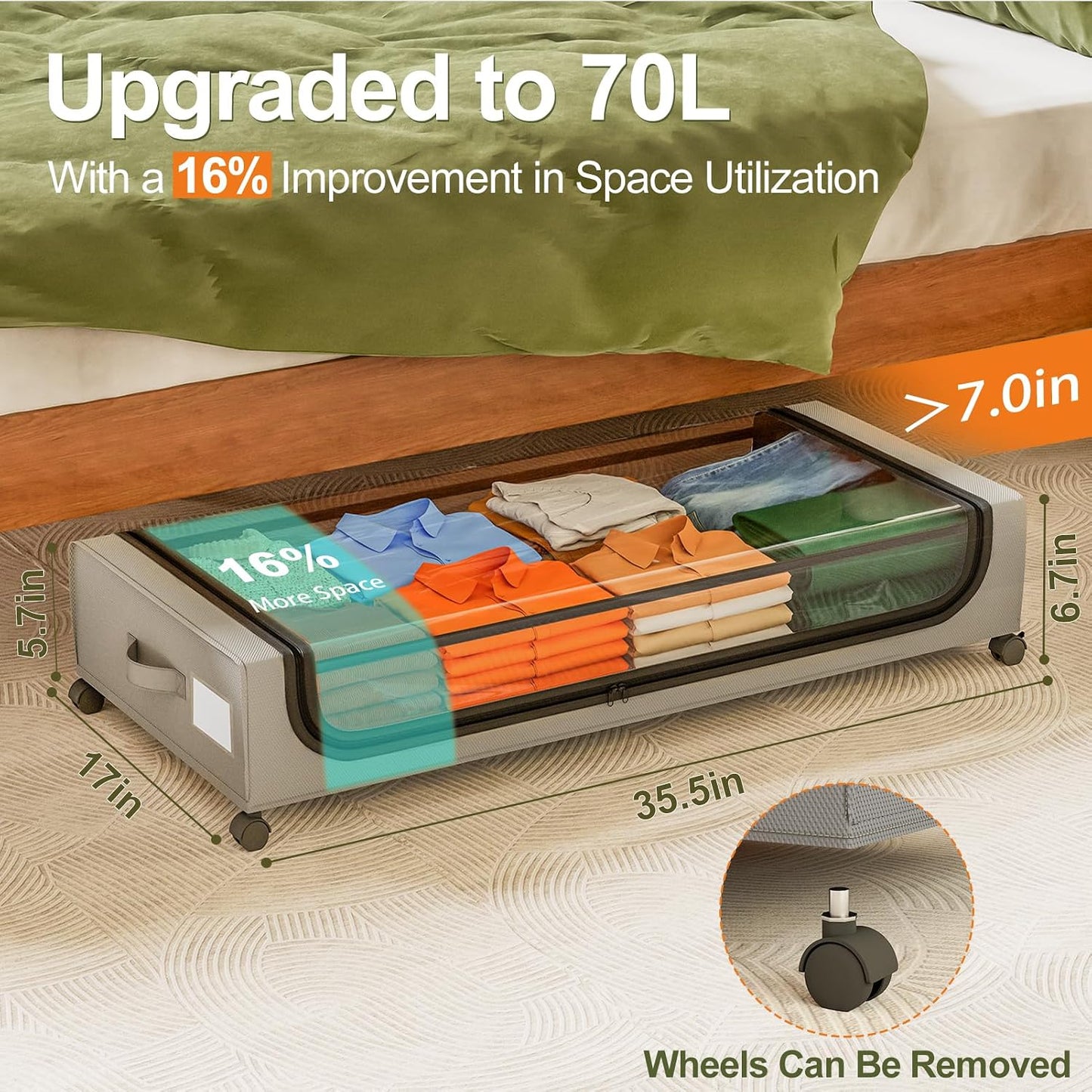 GoMaihe Under Bed Storage with Wheels: 48L Underbed Storage Containers with Lids - Rolling Bins for Shoes Clothes in Dorm Bedroom - Metal Drawers Easy Pull-out Grey 2-Pack