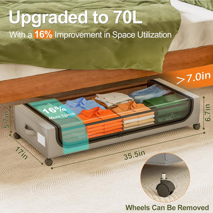 GoMaihe Under Bed Storage with Wheels: 48L Underbed Storage Containers with Lids - Rolling Bins for Shoes Clothes in Dorm Bedroom - Metal Drawers Easy Pull-out Grey 2-Pack