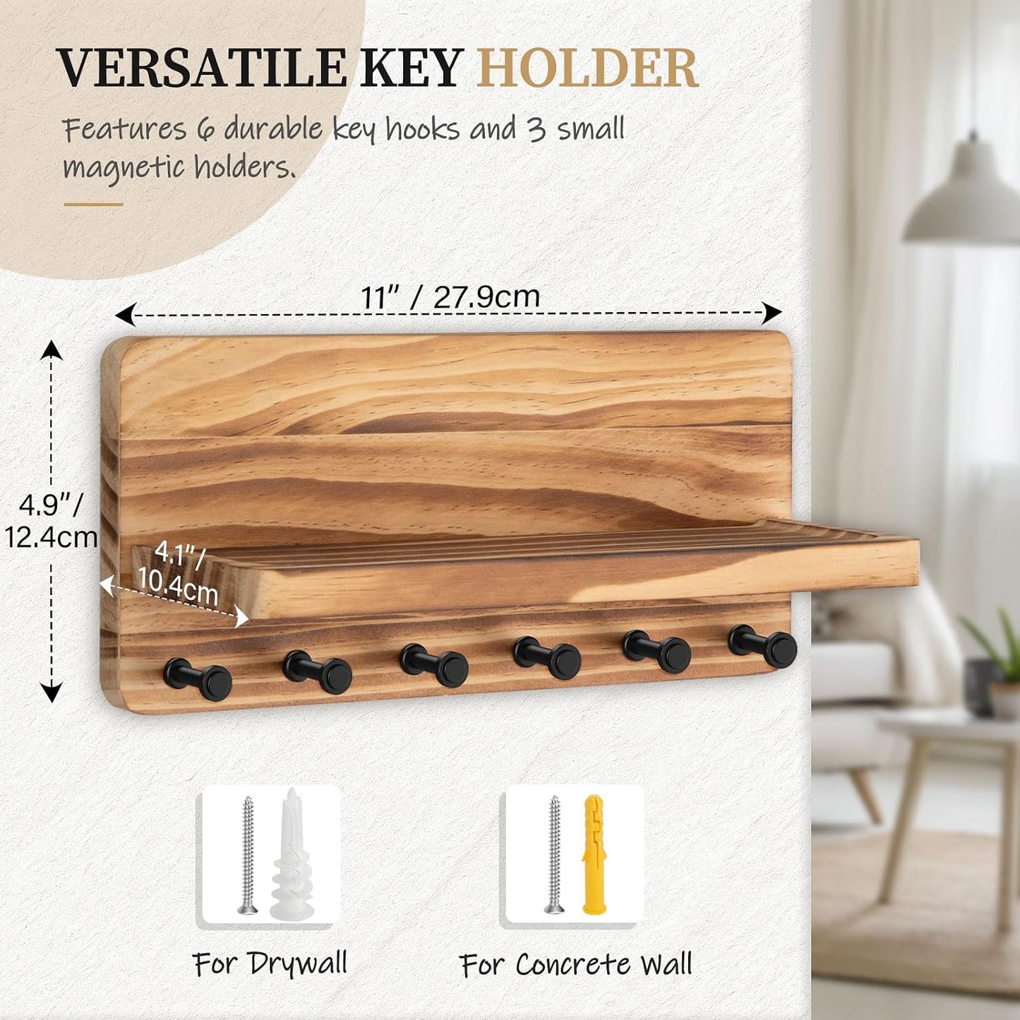 Nekon Key Holder for Wall with Shelf, Pine Wooden Key Hanger Wall Mounted, Farmhouse Wall Organizer for Home Entryway & Apartment (Standard, Wood)