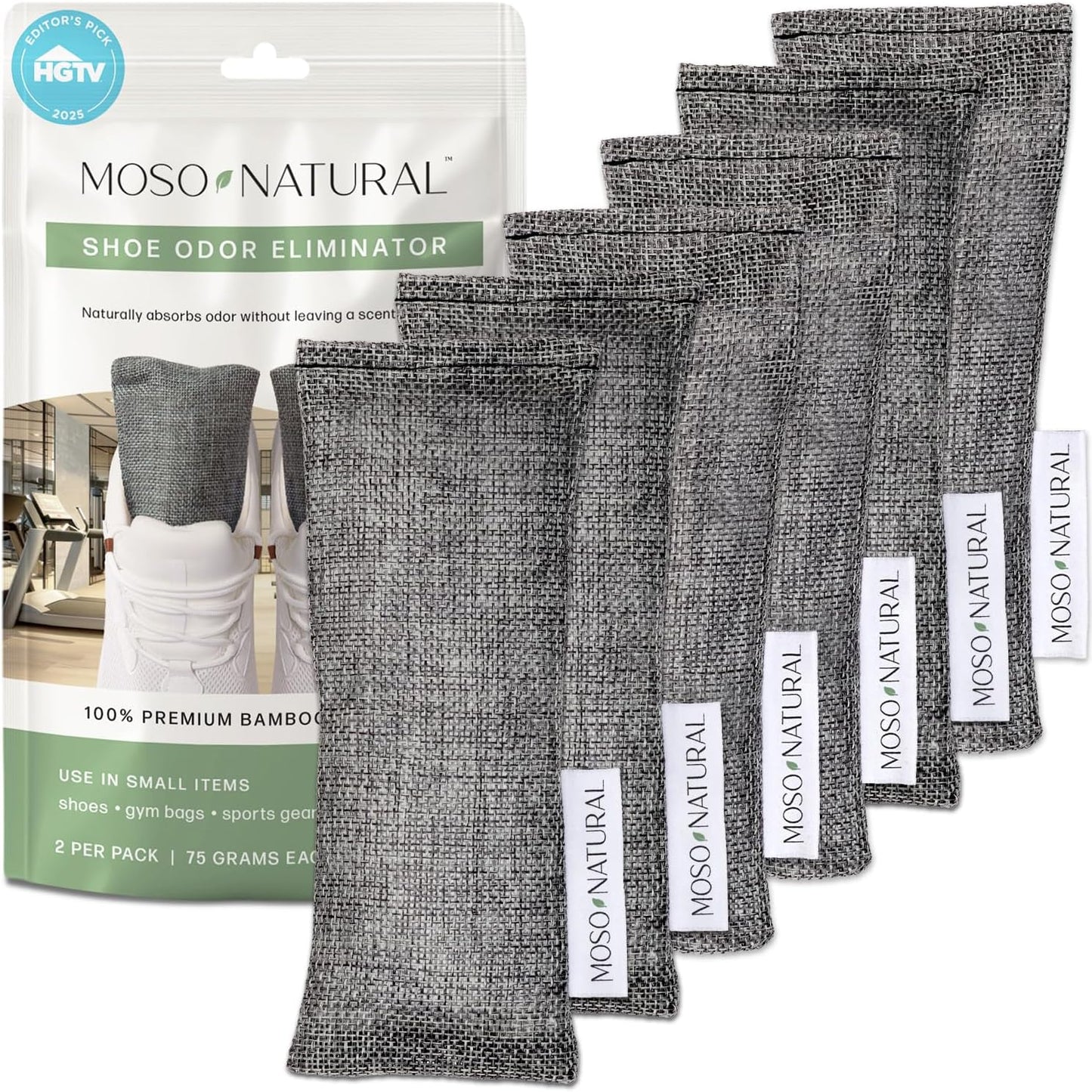 Moso Natural Shoe Deodorizer Inserts, Charcoal Odor Absorber for Shoes, Gym Bag & Boot Deodorizer, Unscented Shoe Odor Elimination, Air Purifying Bags, Lasts 2 Years (2 Bags)