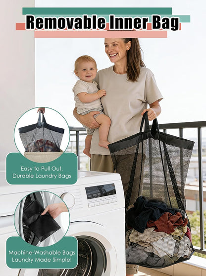 WTREE Laundry Hamper with Lid, Reinforced Sturdy Clothes Hamper with Anti-Puncture Base, Large Collapsible Laundry Basket with Removable Liner Bag, Tall Dirty Clothes Bin for Family, 100L Grey