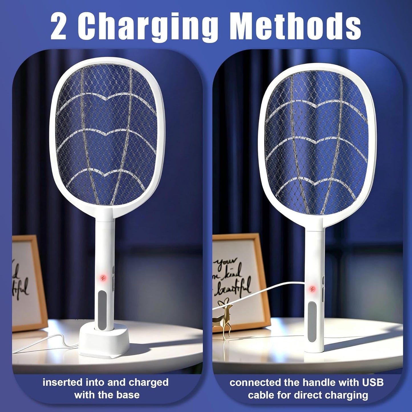 Lulu Home 2-in-1 Electric Bug Zapper Racket, 2 Pack 4000V High Voltage LED Lighted Handheld Mosquito Swatter with 3 Layer Safety Mesh, USB Charging Portable Fly Killer Racquet
