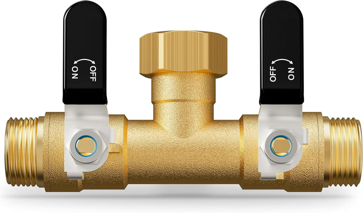 Hose Splitter 2 Way, Heavy Duty Brass Garden Hose Splitter, Water Hose Bib Spigot Splitter with 0.59" Full Flow Ball Valve Outlet & Shut-Off Valve 3/4'' Connector Outdoor Water Faucet Adapter