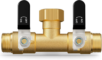 Hose Splitter 2 Way, Heavy Duty Brass Garden Hose Splitter, Water Hose Bib Spigot Splitter with 0.59" Full Flow Ball Valve Outlet & Shut-Off Valve 3/4'' Connector Outdoor Water Faucet Adapter