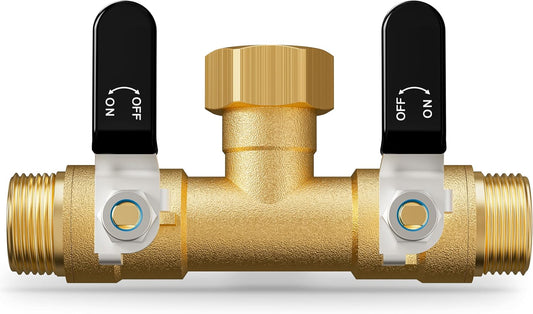 Hose Splitter 2 Way, Heavy Duty Brass Garden Hose Splitter, Water Hose Bib Spigot Splitter with 0.59" Full Flow Ball Valve Outlet & Shut-Off Valve 3/4'' Connector Outdoor Water Faucet Adapter