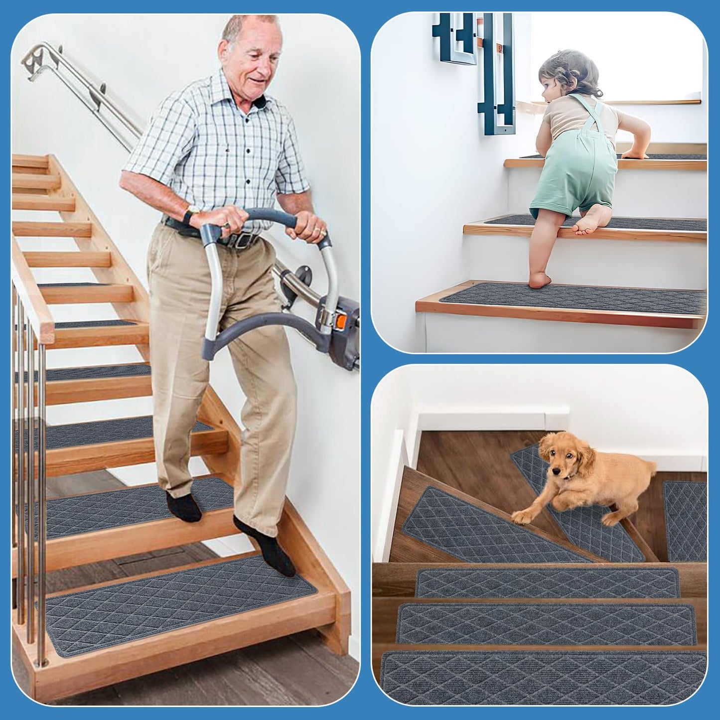 Non Slip Stair Treads for Wooden Steps,15 Pack 8" X 30" Stairs Carpet Treads Indoor with Reusable Peel and Stick Adhesive for Kids Elders and Pets