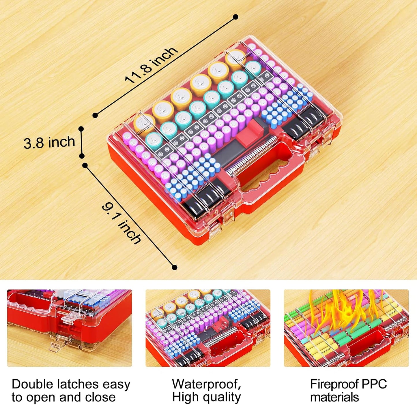 Battery Organizer Storage Case with Tester, Ultra-Large 265+ Double-Sided Batteries Container with Handle, Holds AA AAA 4A 23A C D Cell 3V 9V Lithium CR3 4LR44 CR123A 18650 (Red)
