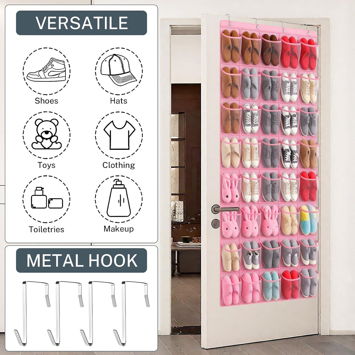 40 Large Mesh Pocket Over the Door Shoe Organizer,Hanging Shoe Rack for Door,Hualleko Shoes Organizer Hanger with Large Capacity, Shoes Storage Holder Sturdy Non-woven Fabric - Stores 20 Pairs (White)