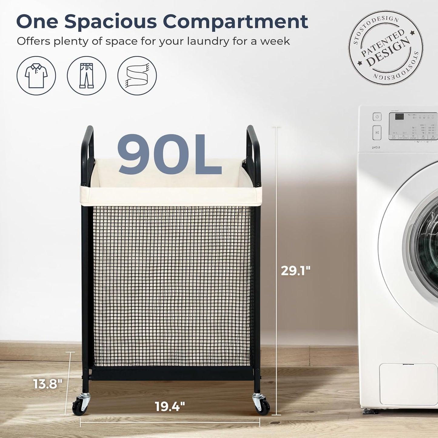 STO STO Laundry Hamper 3 Section, 120L Rolling Laundry Sorter Cart with Removable and Washable Liner Bag, Clothes Hamper with Wheels and Metal Handle for Laundry Room and Bedroom