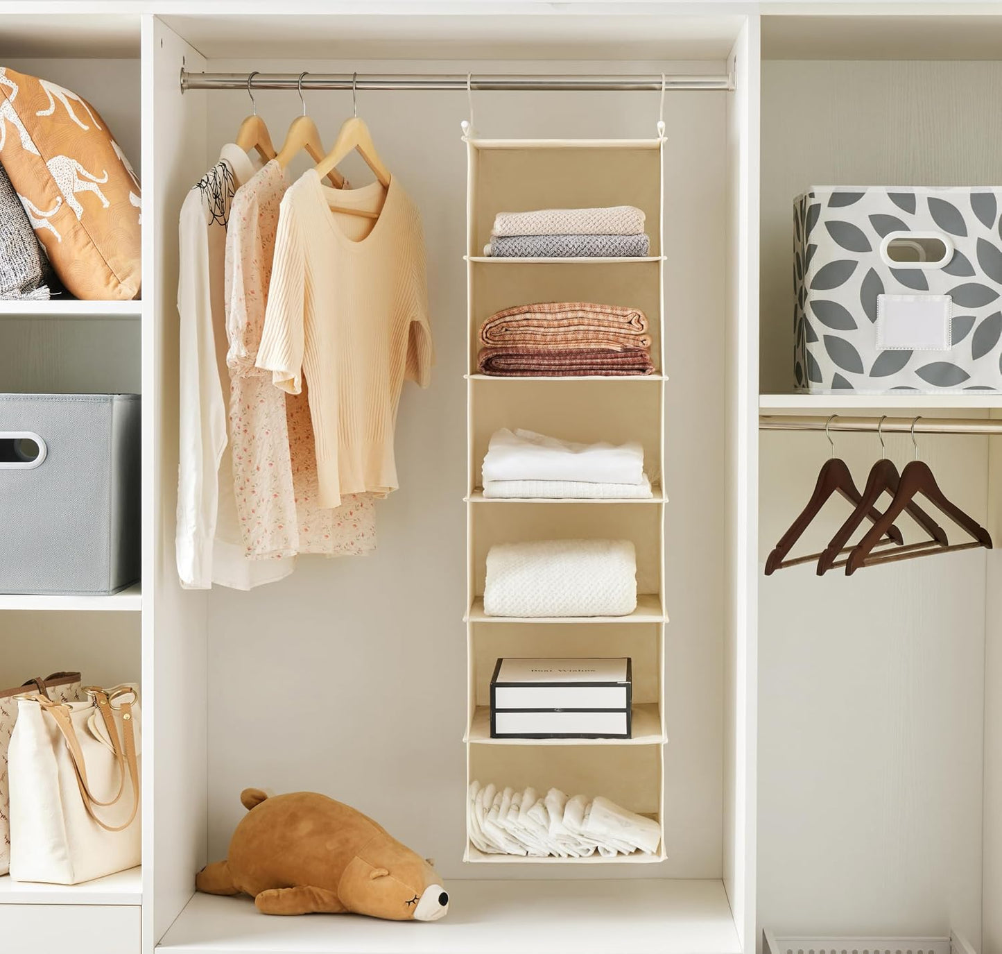 MAX Houser 6 Tier Shelf Hanging Closet Organizer, Closet Hanging Shelf with 2 Sturdy Hooks for Storage, Foldable (Grey)