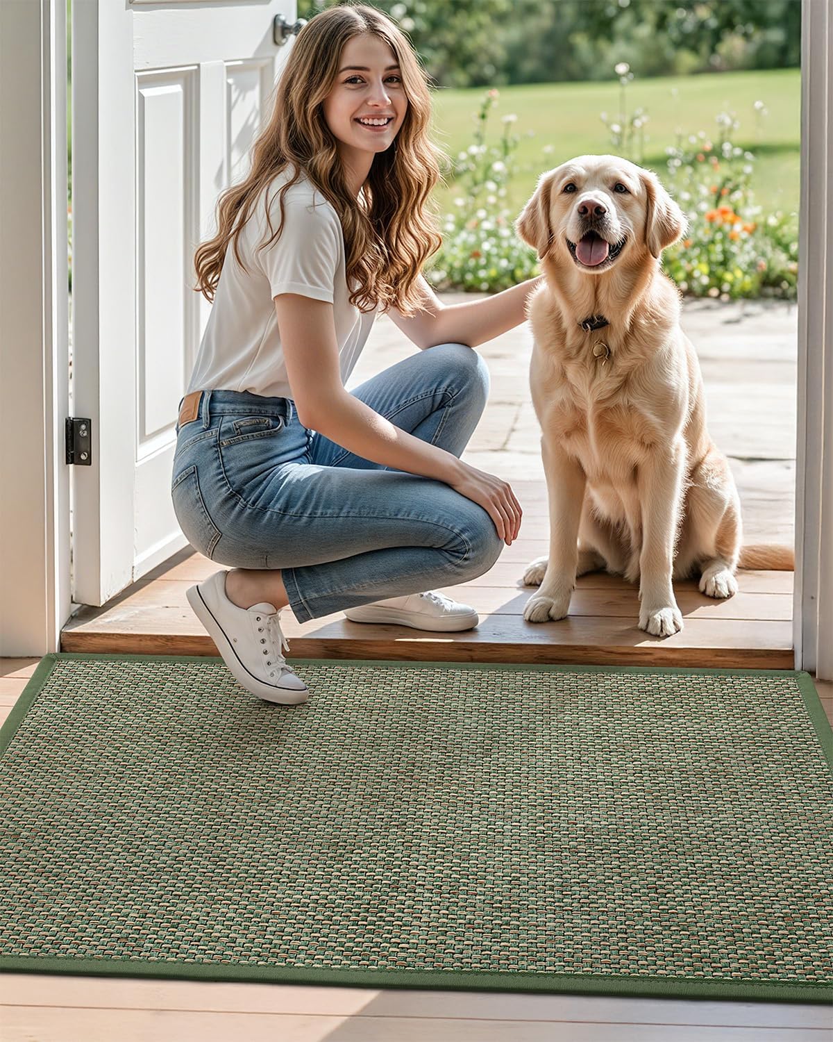 DEXI Ultra Thin Entryway Indoor Door Mat 24x36, Non Slip Rubber Backing Inside Entry Mat, Low Profile Easy Clean Dirt Trapper Doormat for Inside Entrance Patio, Beige