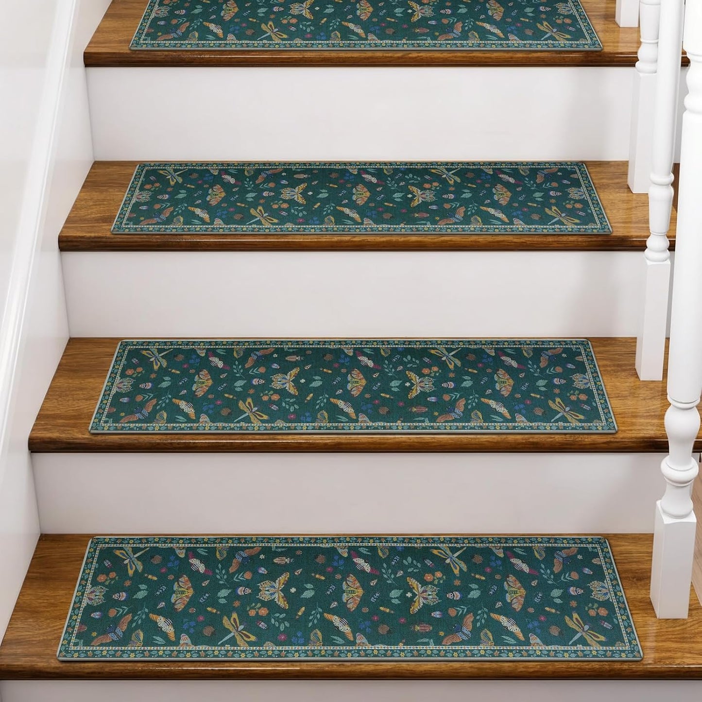 OJIA Insect Print Stair Treads Non Slip Stair Runners for Wooden Steps Indoor, 15PCS 8"x30" Rubber Backing Carpet Treads for Wood Stairs Staircase Step Treads for Kids & Dogs, Stair Covers, Black