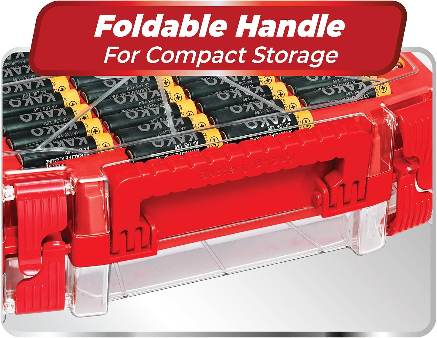 Battery Daddy Storage & Organizer Case w/Light and Tester, Stores & Protects Over 200 Batteries, Double-Sided, Clear Locking Lid, Secure Latches & Portable Handle- Black (Batteries Not Included)