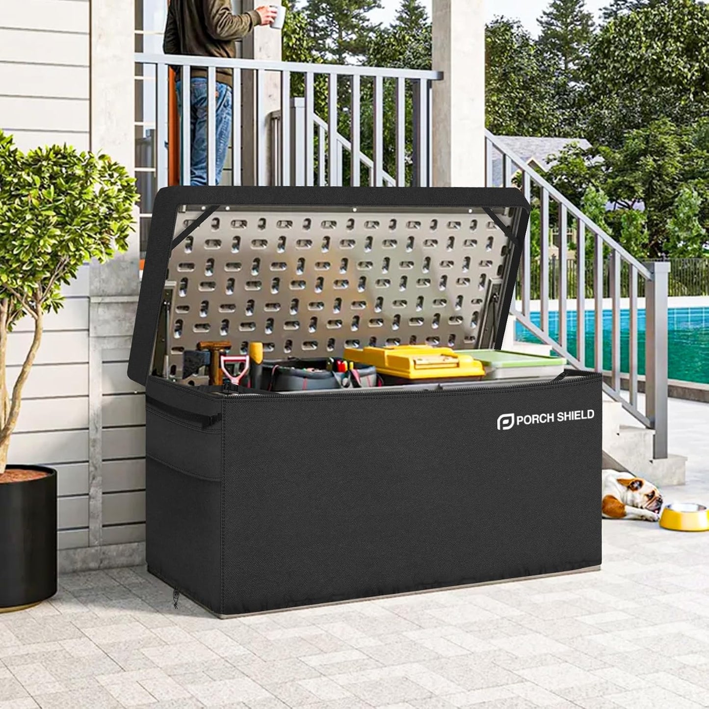 Porch Shield Patio Deck Box Storage Cover - 600D Outdoor Waterproof Cover for 150-230 Gallon Box Tear Resistant Rectangular Fire Pit Table Covers 62 x 29 x 28inch Black