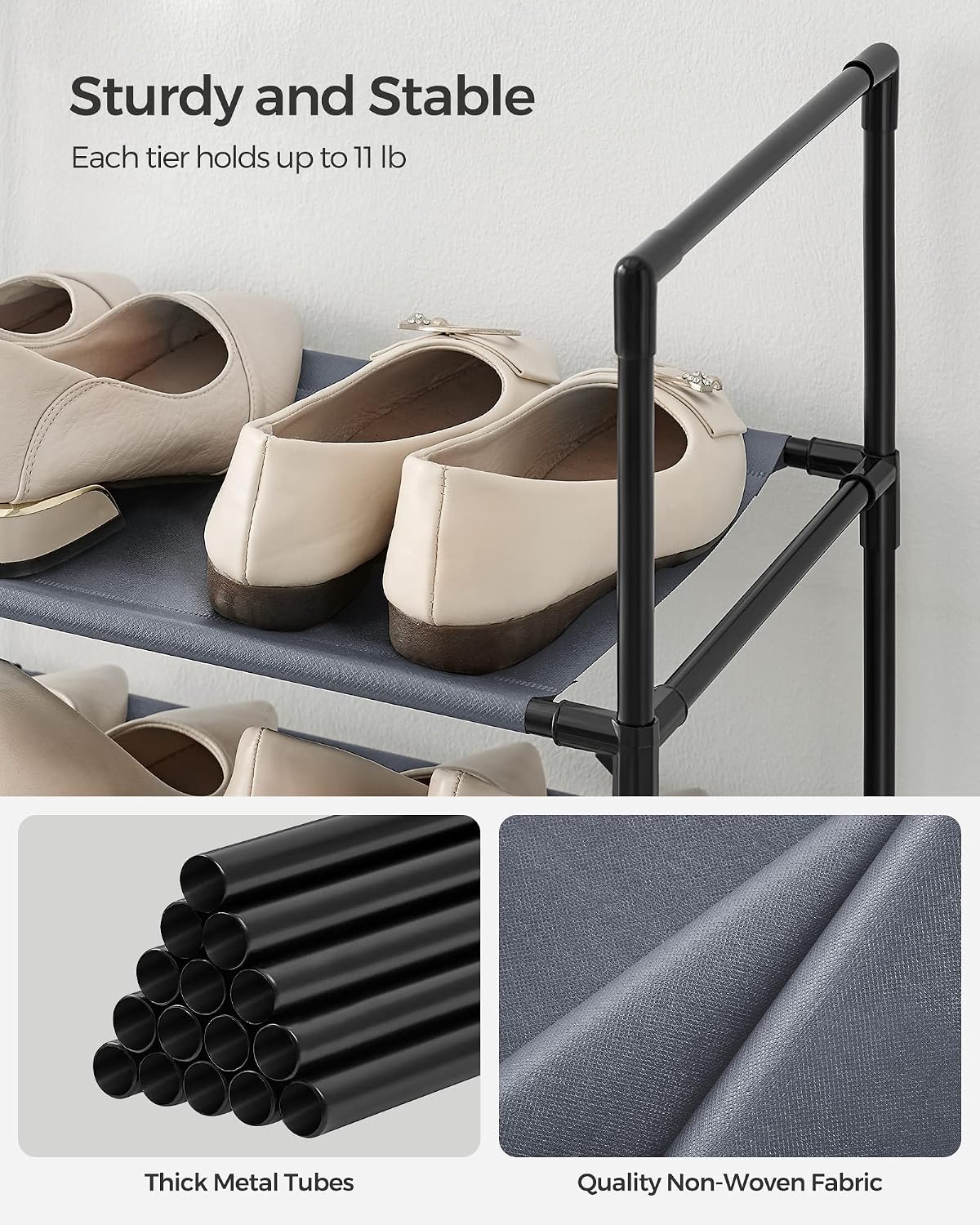 SONGMICS Shoe Rack, 10-Tier Shoe Shelf, Shoe Storage Organizer, 11 x 17.7 x 68 Inches, Metal Frame, Non-Woven Fabric Shelves, for Entryway, Bedroom, Black ULSH010B02