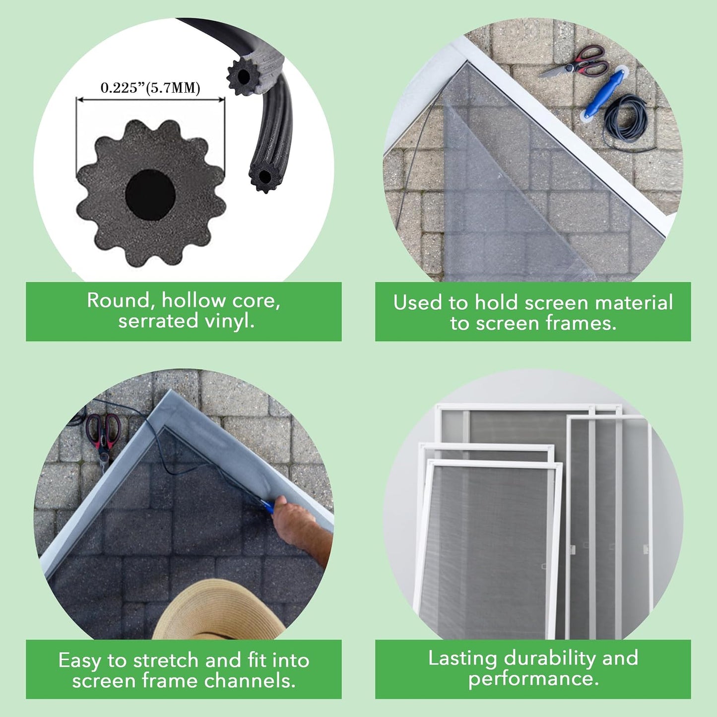 Screen Spline - 0.205" Round Retainer - 15lb Roll - Black Bulk Screen Holder for Door, Window & Net Fixing - Repair & Replacement