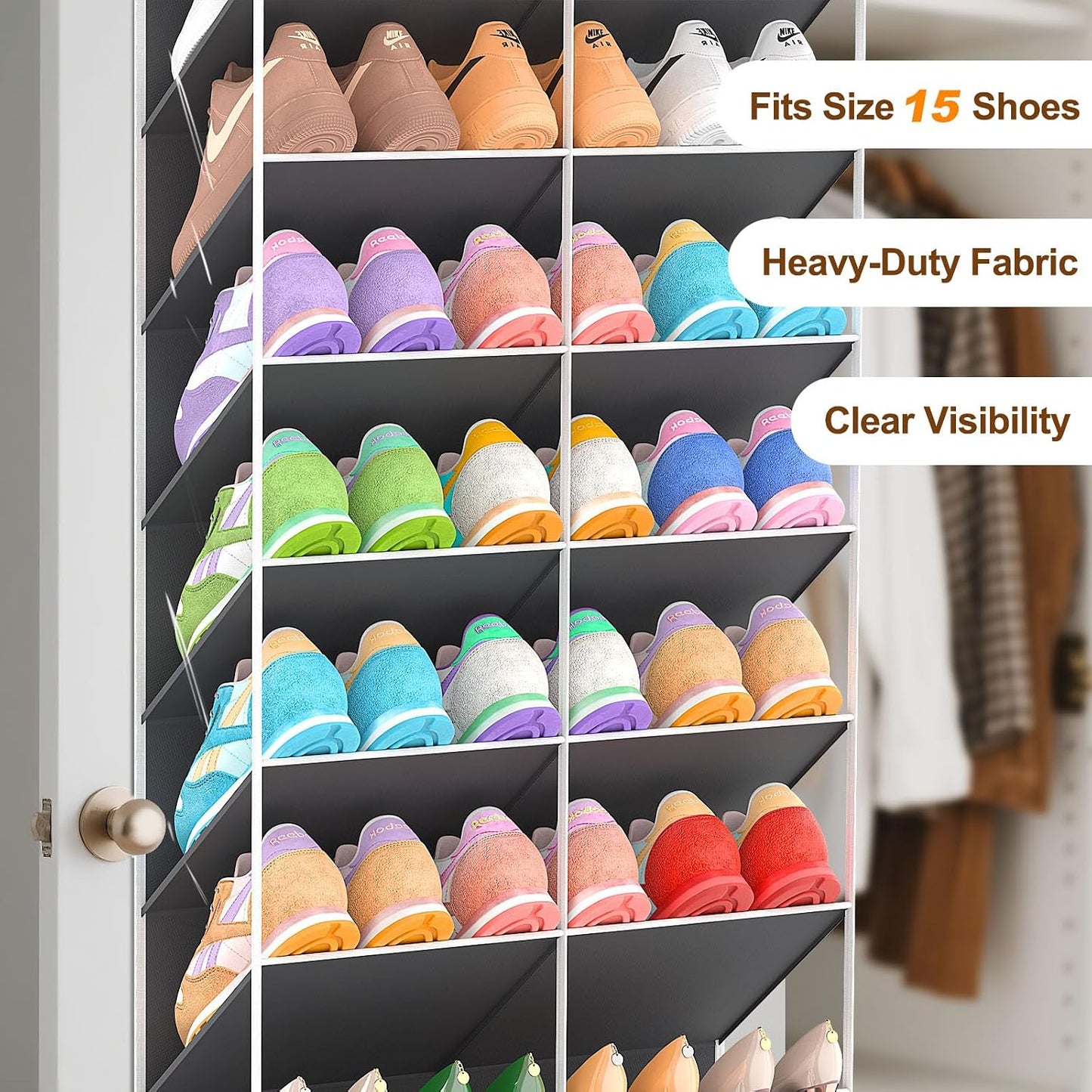 UVIAHOMI 20-30 Pairs Over the Door Shoe Organizer, Clear Pockets Hanging Shoe Storage for Closet, 10-Tier Door Shoes Rack, Handing Shoes Holder Fit All the Family's Sneakers, Boots, Heels, White