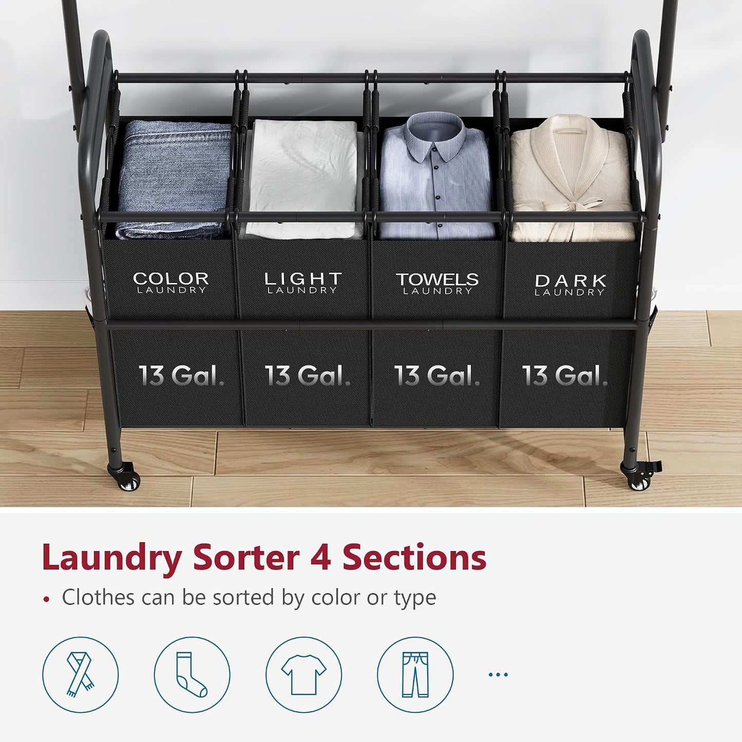 Tajsoon Laundry Hamper with Hanging Rack, 3 Section Laundry Sorter with Heavy Duty Lockable Wheels, Laundry Basket Organizer for Dirty Clothes Storage, 3 Beige