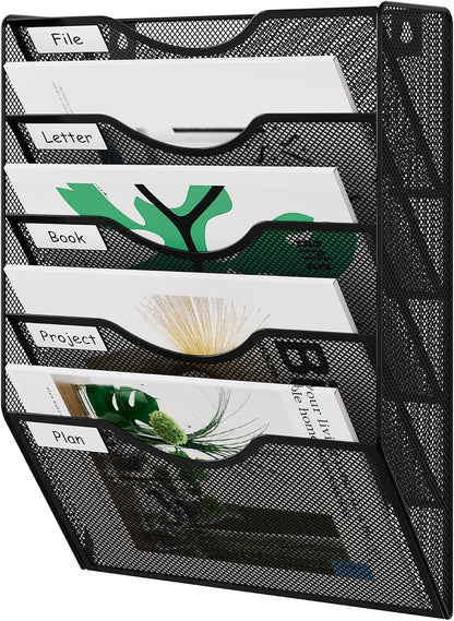EasyPAG 5 Pocket Mesh Wall File Organizer with Key Hooks, Hanging Paper Folder Holder with Classify Label, Vertical Wall Mount Mail Organizer for Office Home Classroom, Black