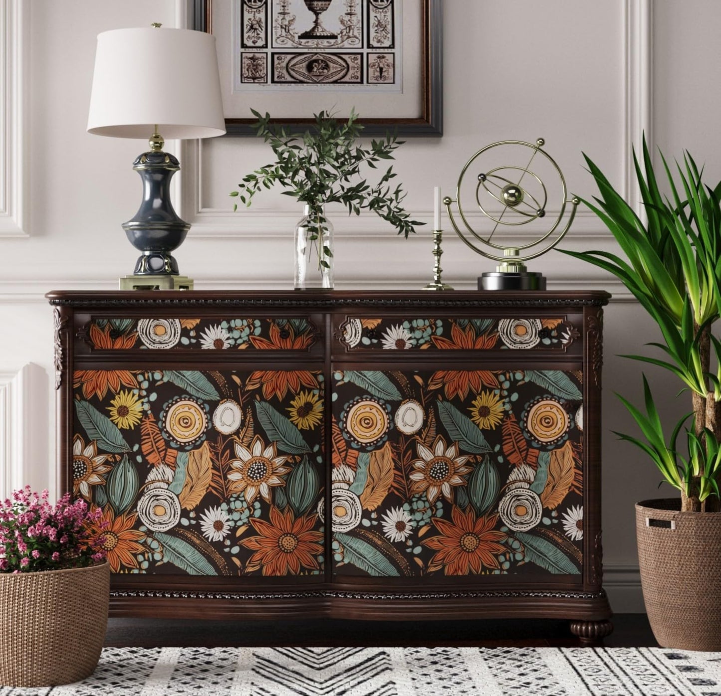 Blue Wallpaper Peel and Stick,Vintage Boho Floral Contact Paper 17.5" x 118", Retro Botanical Flower Wall Paper Self Adhesive Removable Waterproof for Walls Shelves Cabinet Table (Blue,Yellow, Green)