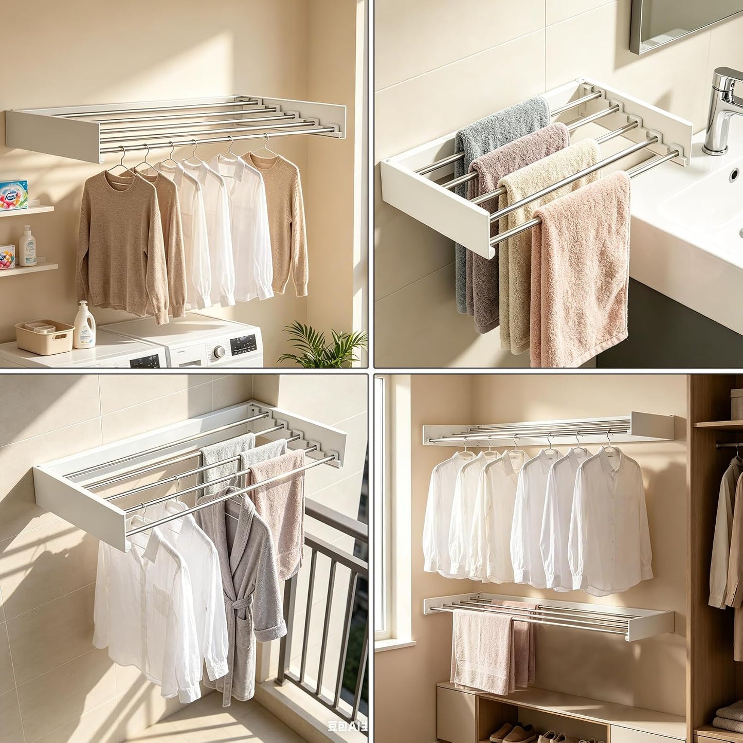 Wall Mounted Clothing Drying Rack 32“ Folds to 1.2” Ultra-Thin Space Saving Clothes Laundry Rack Holds 50 lbs Rust-Resistant Collapsible Space Aluminum for Apartment, RV, Laundry Room, White