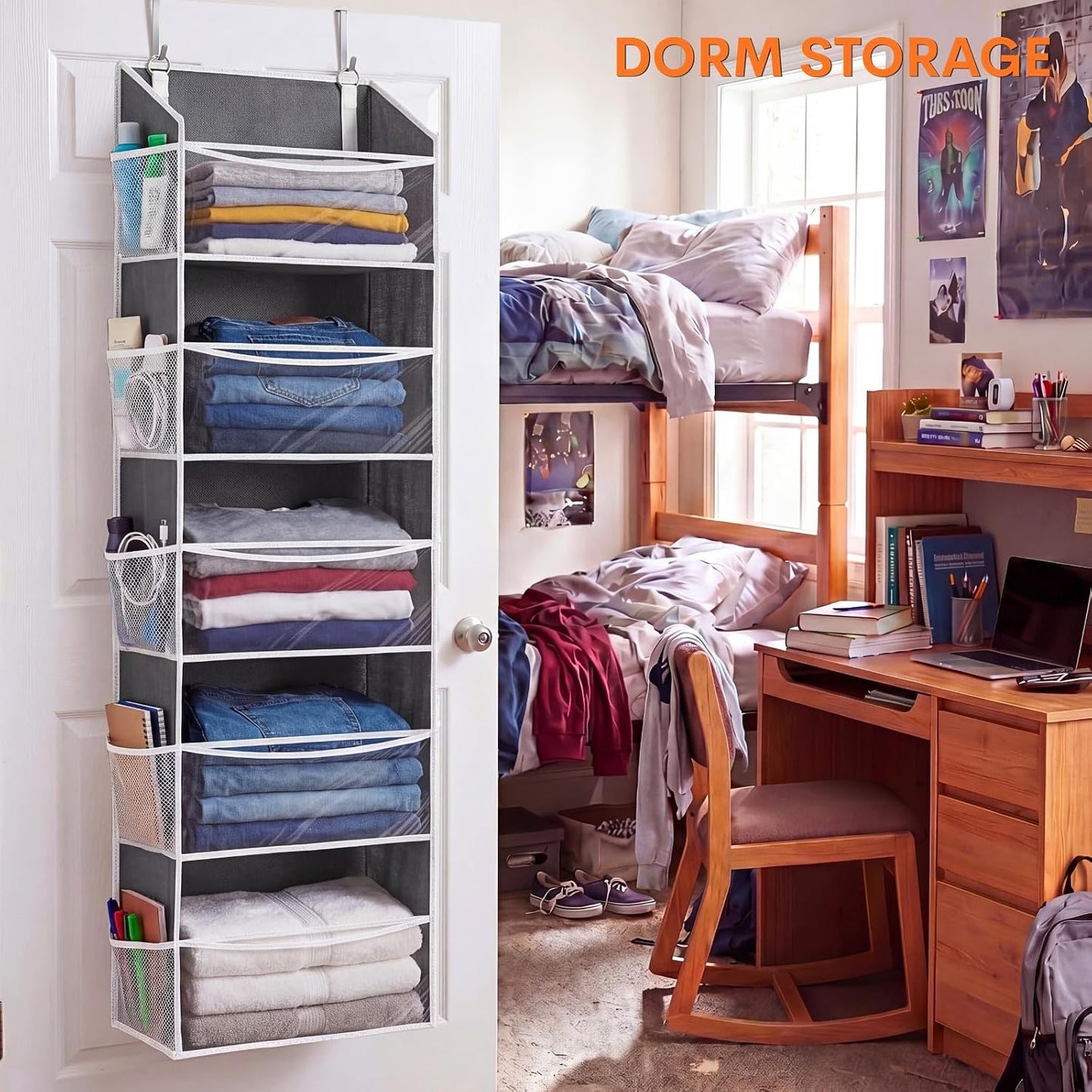 Over The Door Organizer, 5-Tier Extra Large Behind Door Storage with 10 Big Front & 10 Mesh Pockets, 80lb Capacity, Hanging Storage Organizer with Clear Window Kids Toys, Shoes, Diapers, Light Grey