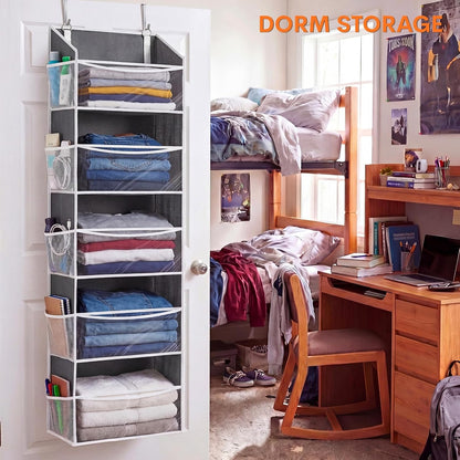 Over The Door Organizer, 5-Tier Extra Large Behind Door Storage with 10 Big Front & 10 Mesh Pockets, 80lb Capacity, Hanging Storage Organizer with Clear Window Kids Toys, Shoes, Diapers, Light Grey