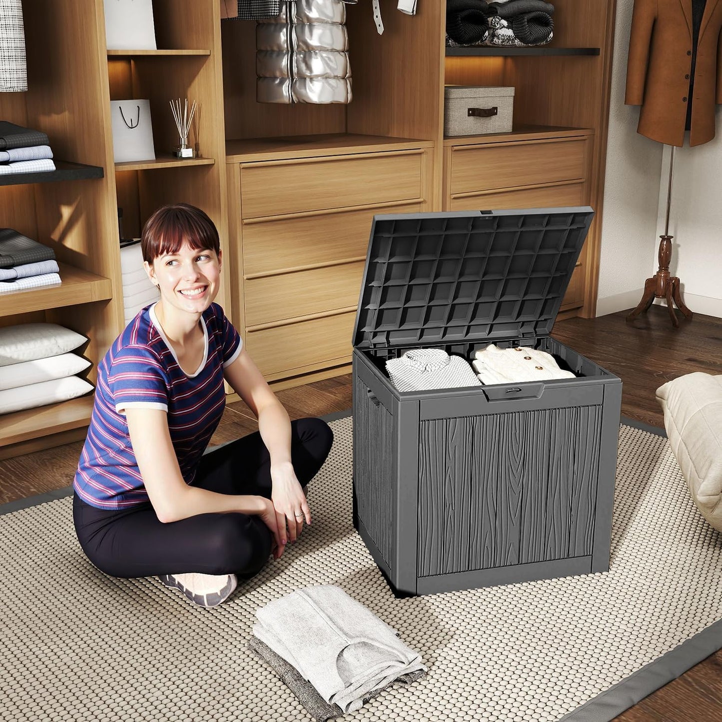 35 Gallon Waterproof Outdoor Storage Box,Deck Boxs for Outdoor and Indoor Use,Deck Storage Box for Picnic Supplies,Gardening Tools,Lockable and Easy to Install(Black)